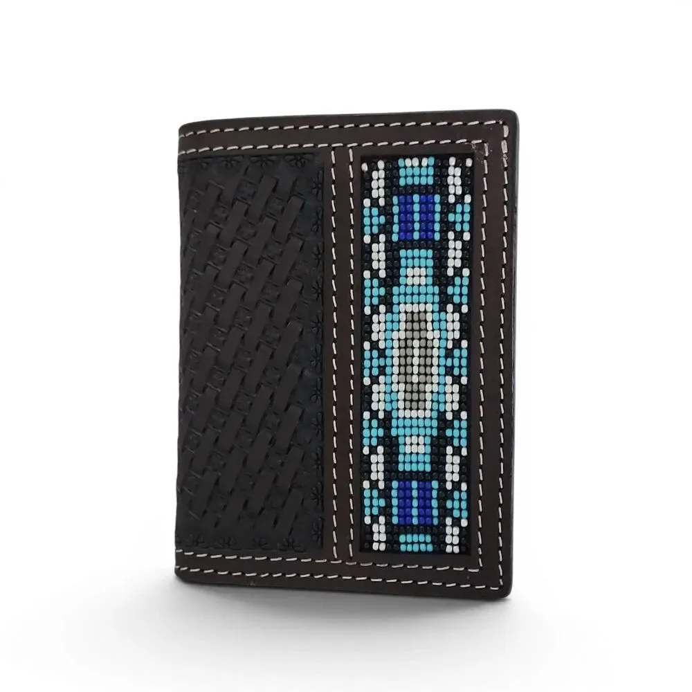 Ranger Belt Co H1052T Trifold Wallet Beaded Inlay Basketweave Leather Dark Brown